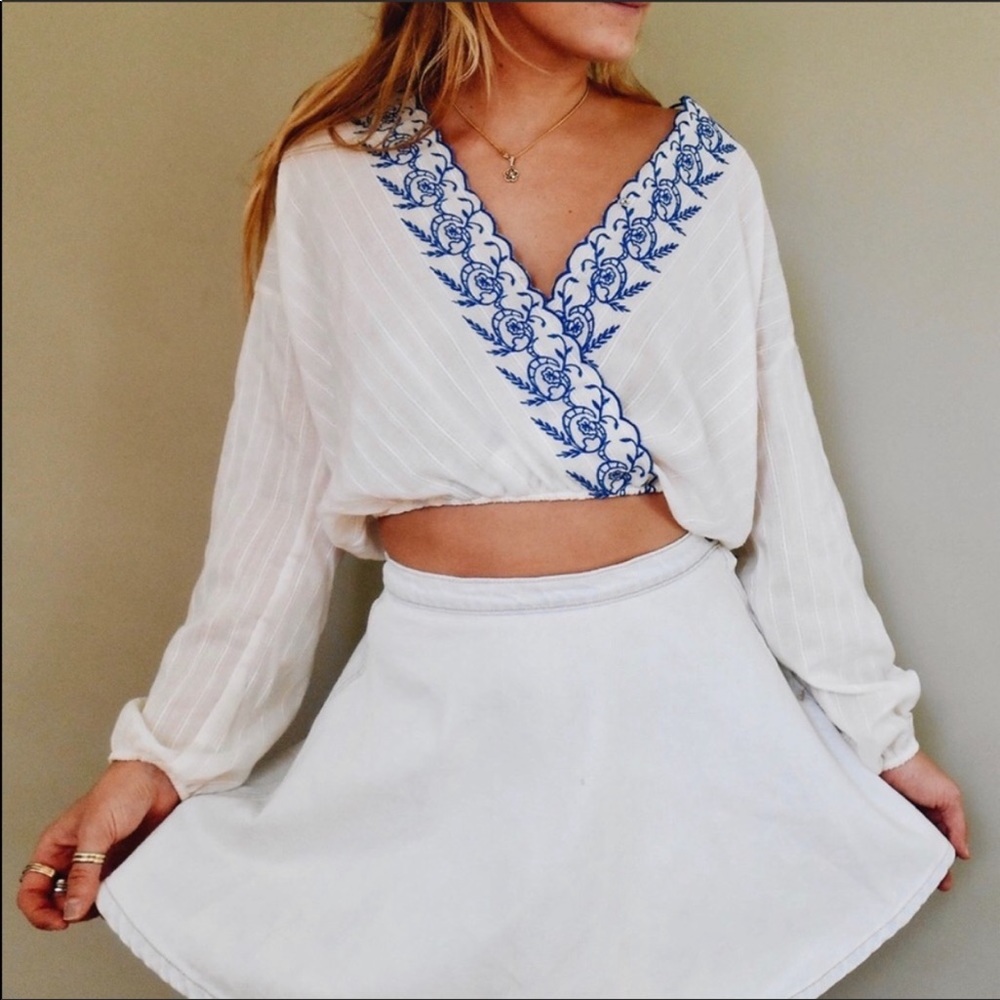 Embroidered Blue Surplice Crop Top